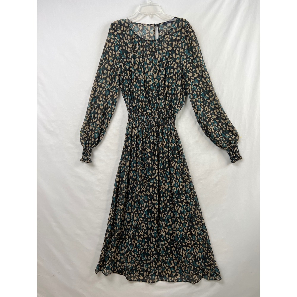 Tommy Hilfiger Midi Dress Womens 6 Green Black Smocked Waist Camo Print Chiffon